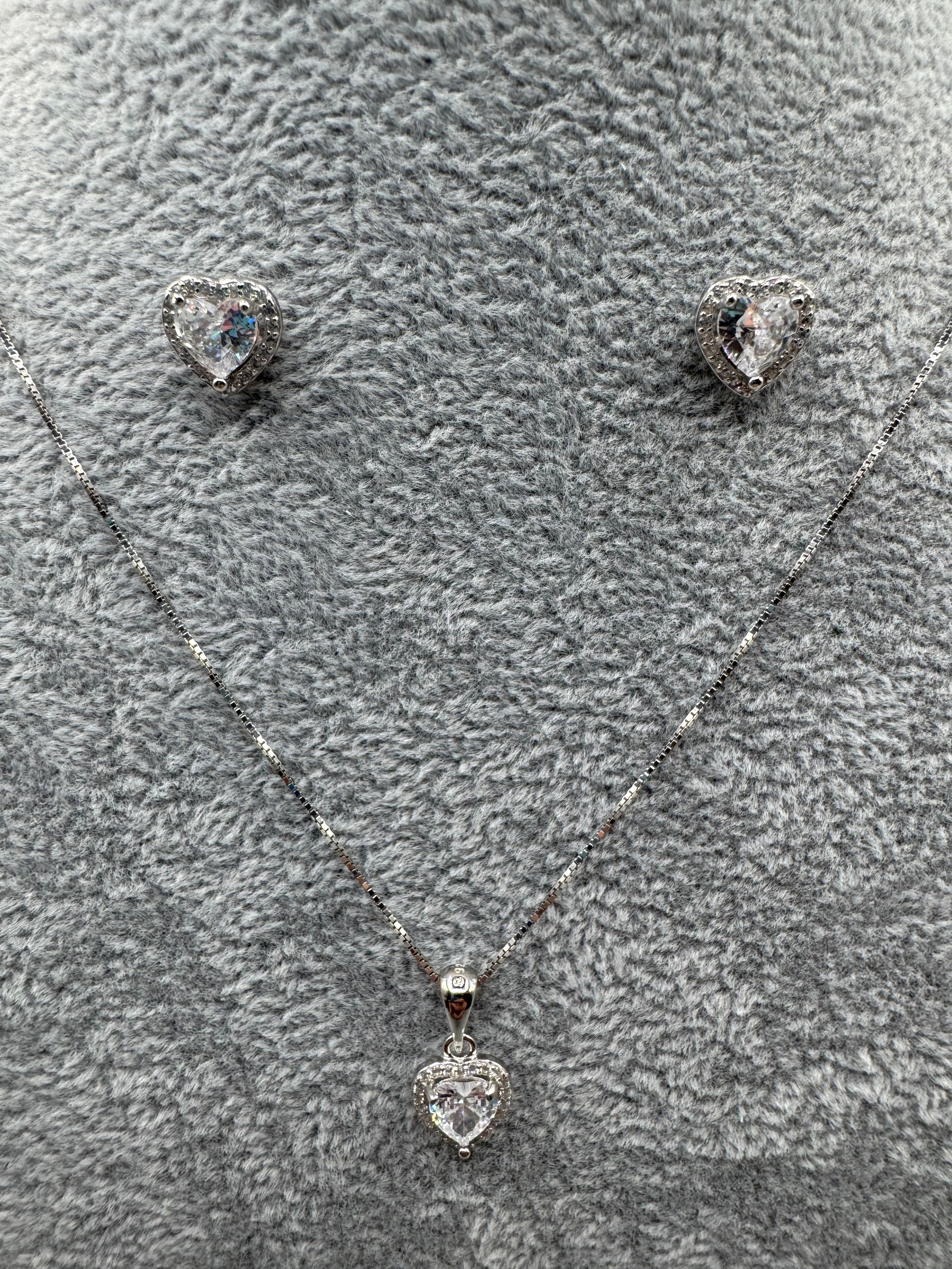 Completo Argento925 Collana + Orecchini Fantasia a Cuore Con Zircone