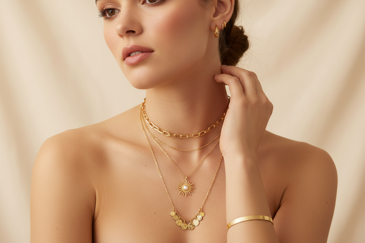 modella che indossa collane in oro