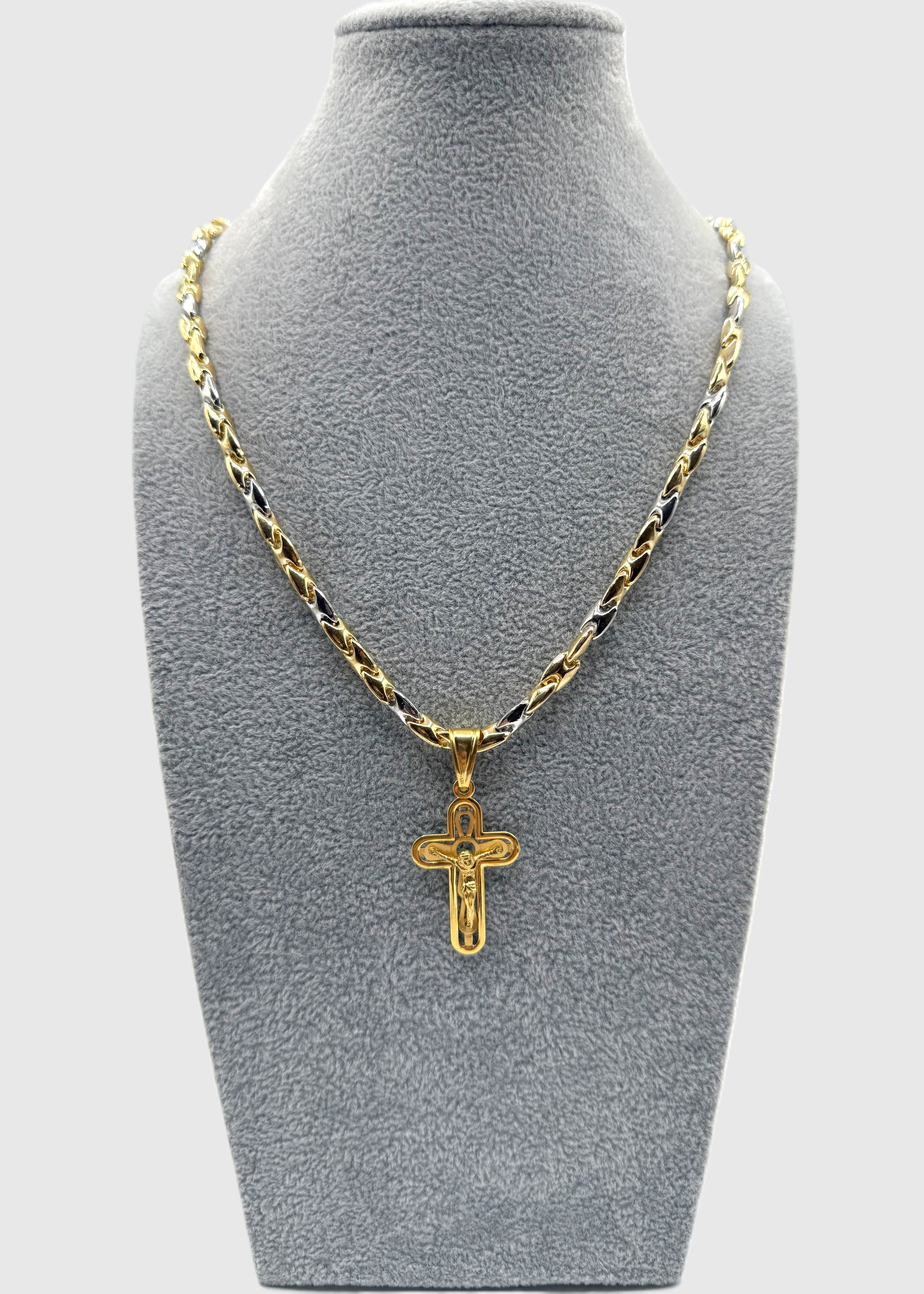 Collana Uomo Bicolore  5 mm Con Ciondolo Crocifisso Argento 925