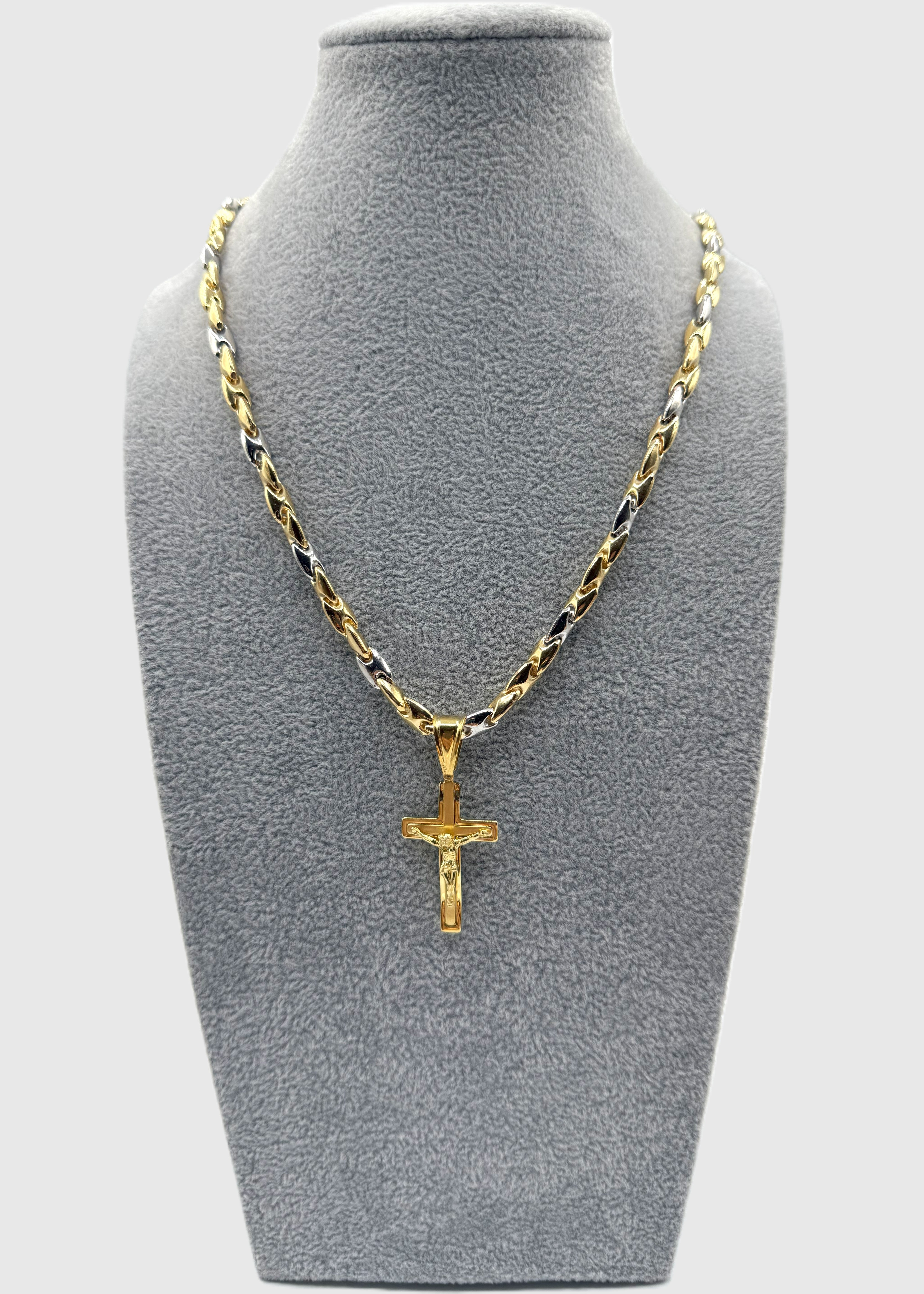 Collana Uomo Bicolore  5 mm Con Ciondolo Crocifisso Argento 925