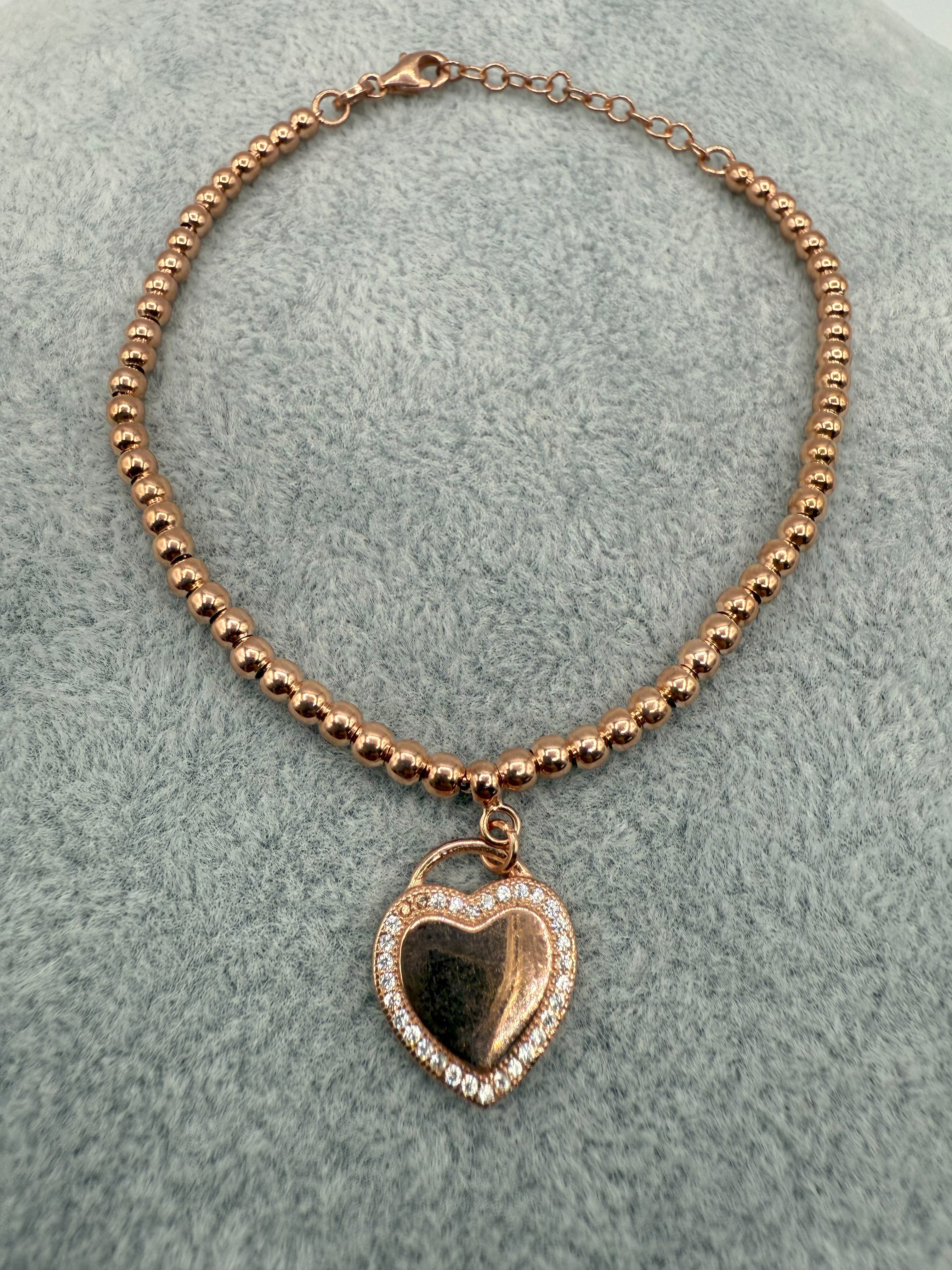 Completo Argento925 Collana + Baracciale Ramato Con Cuore Zirconato Art. Ba898 + BA89A