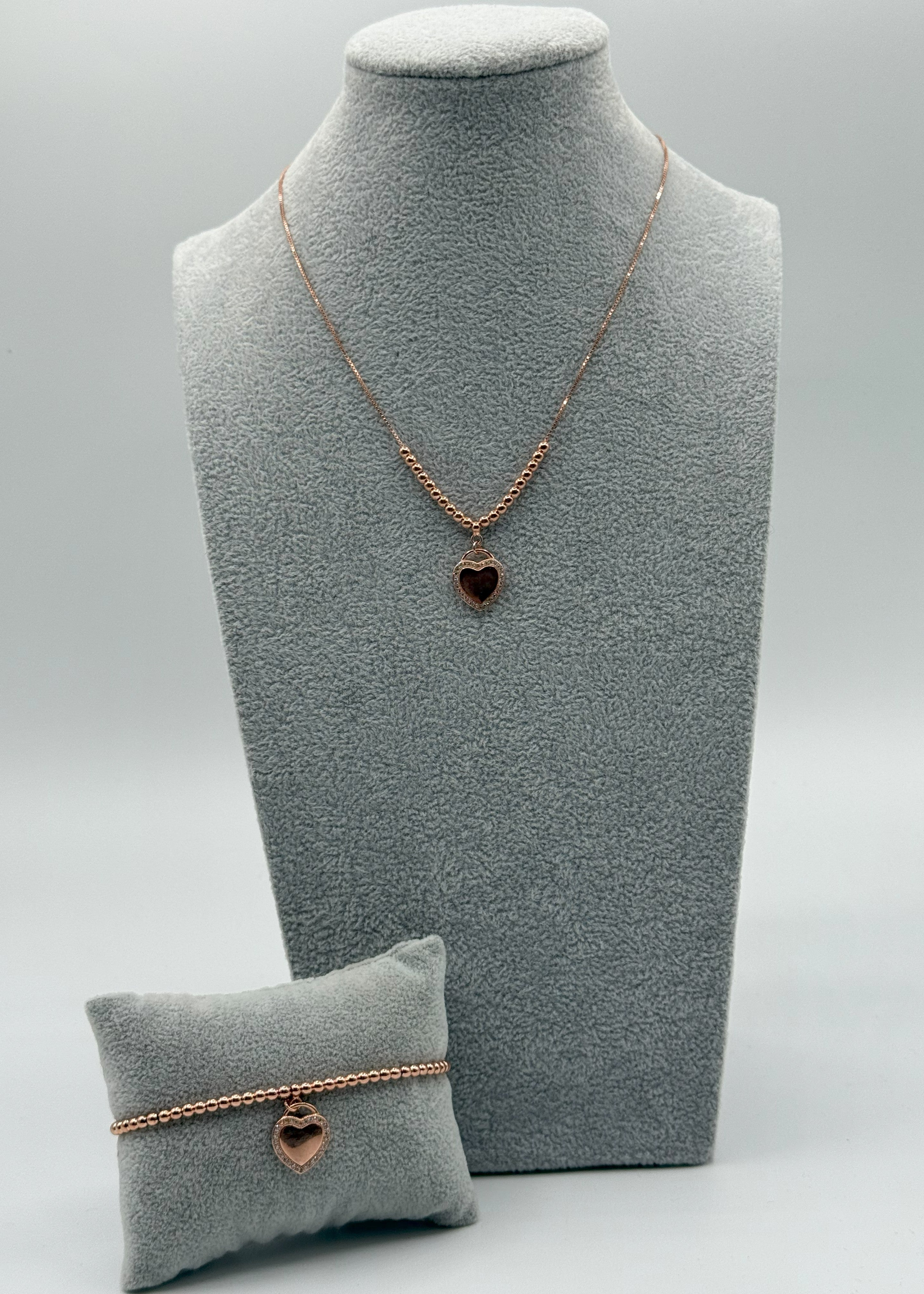 Completo Argento925 Collana + Baracciale Ramato Con Cuore Zirconato Art. Ba898 + BA89A