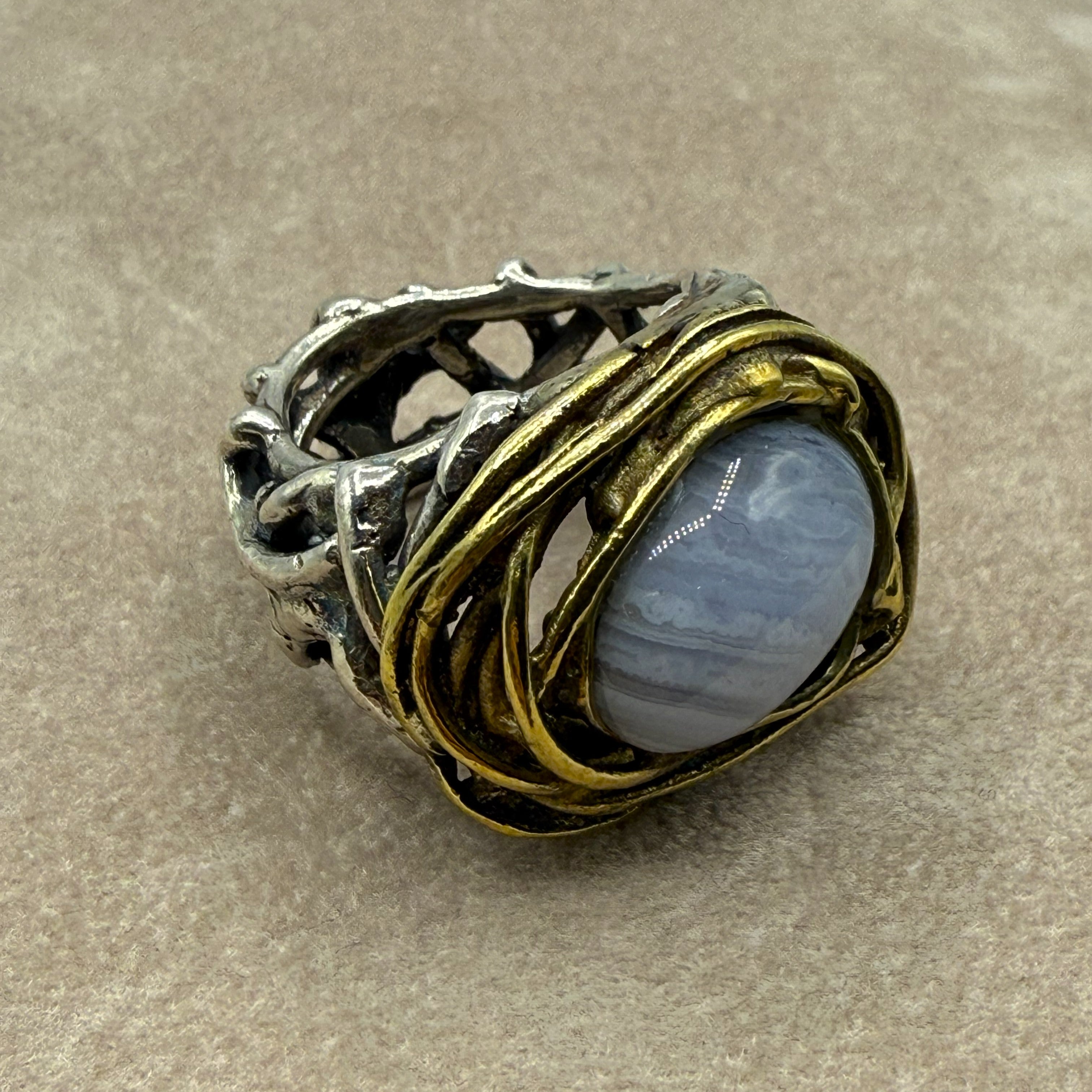 Anello In Argento 925 Con Agata Blu Centrale A124