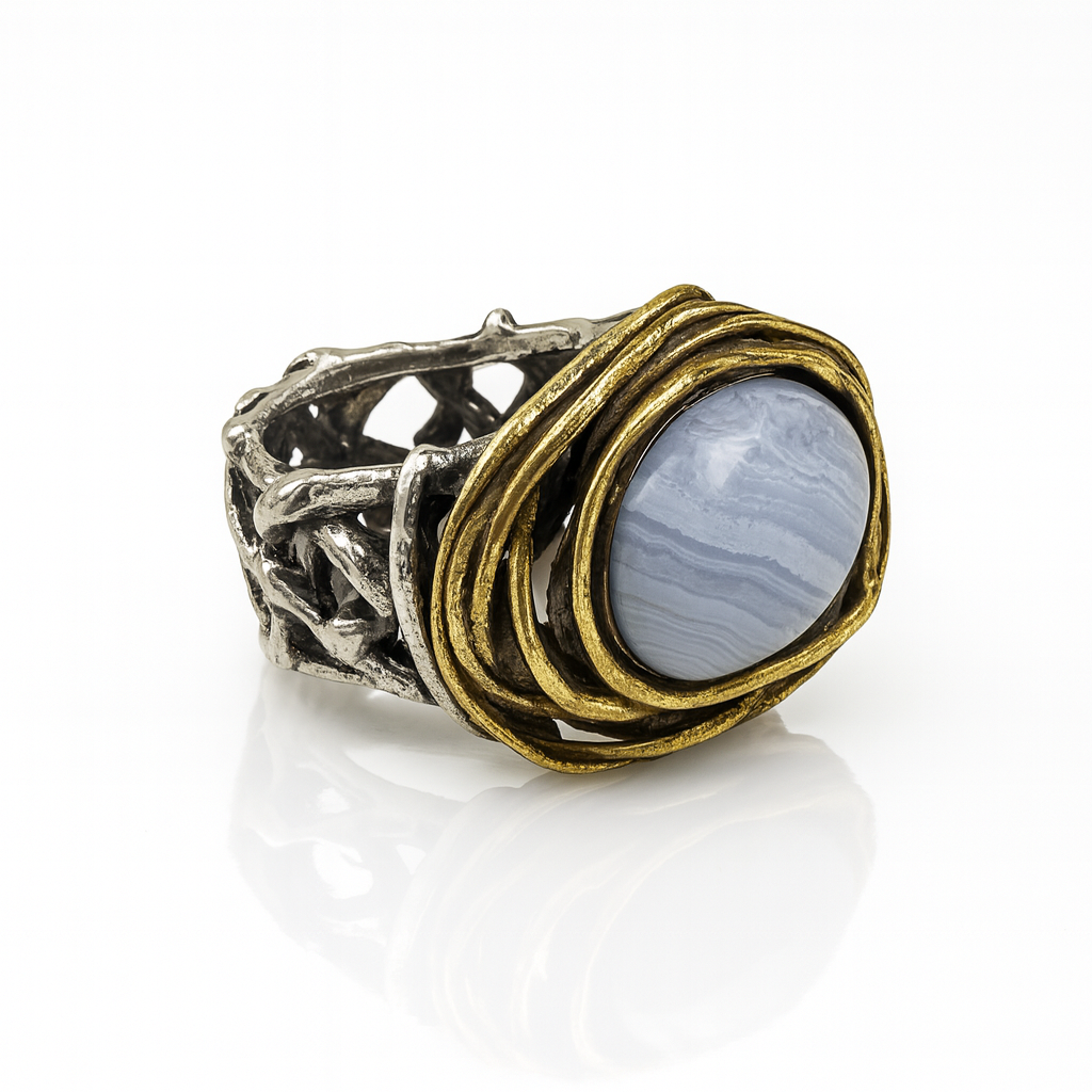 Anello In Argento 925 Con Agata Blu Centrale A124
