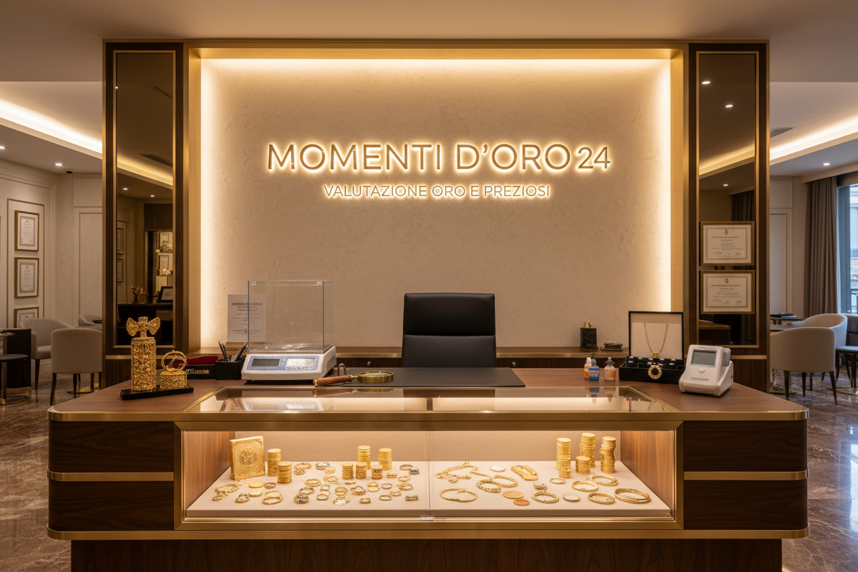 banco valutazione oro con una scritta "MOMENTI D?ORO 24"