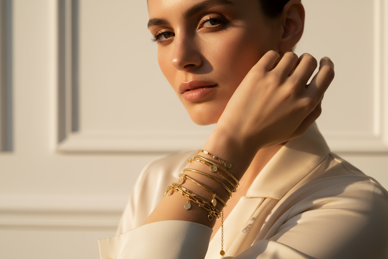 modella che indossa bracciali in oro